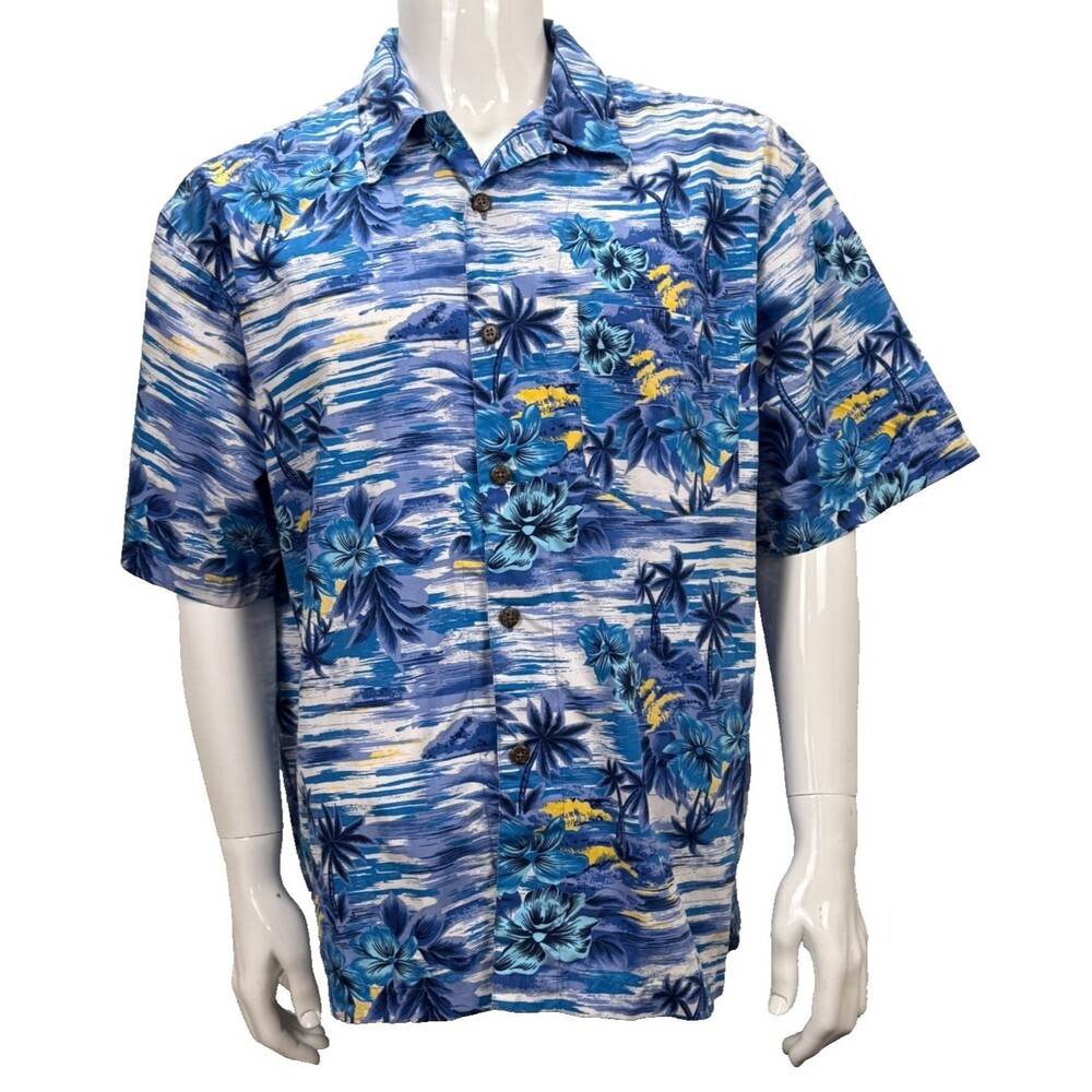 Vintage Hawaiian Shirt High Sierra Large Floral Palm Tree Blue Cotton Aloha Wear